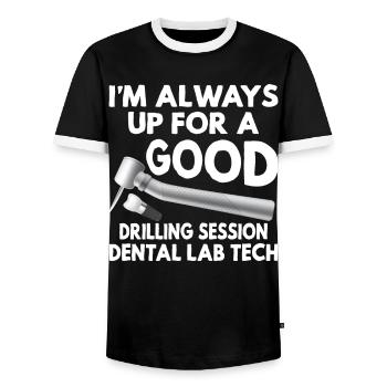 Funny Drilling Session Dentallabortechniker - Männer Kontrast-T-Shirt - Schwarz/Weiß - Vorne - AI Model Female 172 light (172cm) & AI Model Male 178 light (178cm)