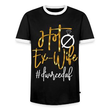 Happy Divorce Party Hot Ex-Wife - Men's Ringer Shirt - black/white - Front - AI Model Female 172 light (172cm) & AI Model Male 178 light (178cm)