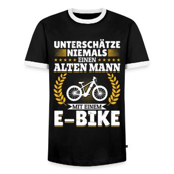 Unterschätze niemals einen Mann mit einem E-Bike - Männer Kontrast-T-Shirt - Schwarz/Weiß - Vorne - AI Model Female 172 light (172cm) & AI Model Male 178 light (178cm)