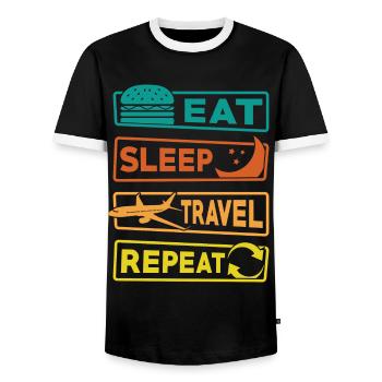 Reisen Urlaub Spruch Eat Sleep Travel Repeat - Männer Kontrast-T-Shirt - Schwarz/Weiß - Vorne - AI Model Female 172 light (172cm) & AI Model Male 178 light (178cm)