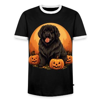 Newfoundland Dog Pumpkin Lazy Halloween Party - Men's Ringer Shirt - black/white - Front - AI Model Female 172 light (172cm) & AI Model Male 178 light (178cm)