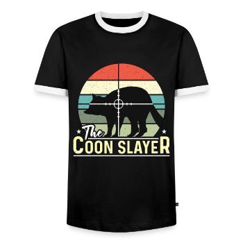 Raccoon Hunting The Coon Slayer Southern Hunting - Men's Ringer Shirt - black/white - Front - AI Model Female 172 light (172cm) & AI Model Male 178 light (178cm)