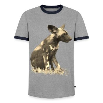 Wild dog in cuttlefish - Dog - Wild animal - Africa - Men's Ringer Shirt - grey/navy  - Front - AI Model Female 172 light (172cm) & AI Model Male 178 light (178cm)