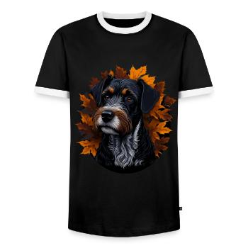 Zwergschnauzer Hund Im Herbst Herbstblätter - Männer Kontrast-T-Shirt - Schwarz/Weiß - Vorne - AI Model Female 172 light (172cm) & AI Model Male 178 light (178cm)
