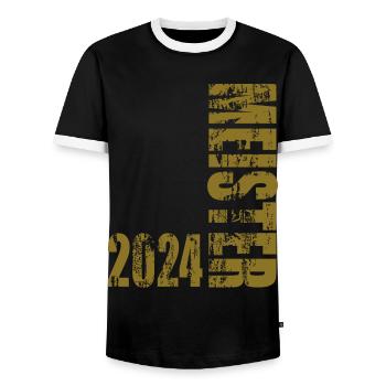 Meister 2024 Aufstiegstrikot - Männer Kontrast-T-Shirt - Schwarz/Weiß - Vorne - AI Model Female 172 light (172cm) & AI Model Male 178 light (178cm)