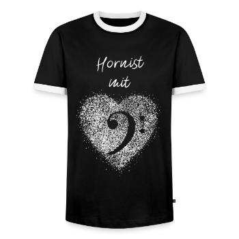 Hornist mit Herz Waldhorn Musik Notenschlüssel - Männer Kontrast-T-Shirt - Schwarz/Weiß - Vorne - AI Model Female 172 light (172cm) & AI Model Male 178 light (178cm)