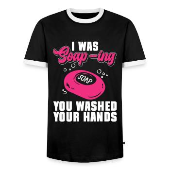 Soap Soap Making Soap Maker Soap Maker - Men's Ringer Shirt - black/white - Front - AI Model Female 172 light (172cm) & AI Model Male 178 light (178cm)