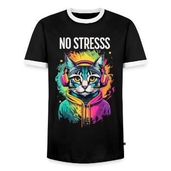 Cat motif music lover saying NO STRESS - Men's Ringer Shirt - black/white - Front - AI Model Female 172 light (172cm) & AI Model Male 178 light (178cm)