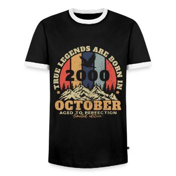 Original October 2000 vintage anniversary 2000 - Men's Ringer Shirt - black/white - Front - AI Model Female 172 light (172cm) & AI Model Male 178 light (178cm)