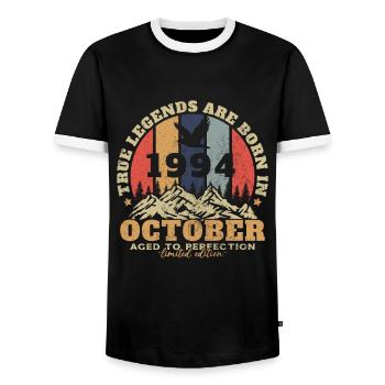 Original October 1994 vintage anniversary 1994 - Men's Ringer Shirt - black/white - Front - AI Model Female 172 light (172cm) & AI Model Male 178 light (178cm)