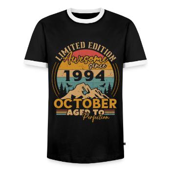 Original October 1994 vintage anniversary 1994 - Men's Ringer Shirt - black/white - Front - AI Model Female 172 light (172cm) & AI Model Male 178 light (178cm)