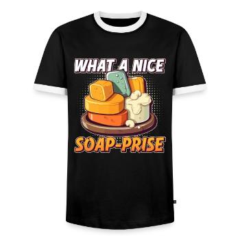 soap soap making soap maker soap boiler - Men's Ringer Shirt - black/white - Front - AI Model Female 172 light (172cm) & AI Model Male 178 light (178cm)