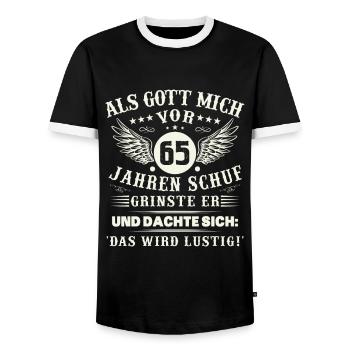 65. Geburtstag Als gott mich vor 65 jahren schuf - Männer Kontrast-T-Shirt - Schwarz/Weiß - Vorne - AI Model Female 172 light (172cm) & AI Model Male 178 light (178cm)