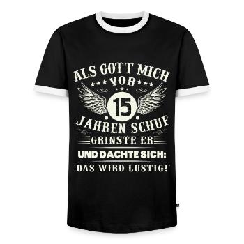 15. Geburtstag Als gott mich vor 15 jahren schuf - Männer Kontrast-T-Shirt - Schwarz/Weiß - Vorne - AI Model Female 172 light (172cm) & AI Model Male 178 light (178cm)