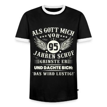 95. Geburtstag Als gott mich vor 95 jahren schuf - Männer Kontrast-T-Shirt - Schwarz/Weiß - Vorne - AI Model Female 172 light (172cm) & AI Model Male 178 light (178cm)