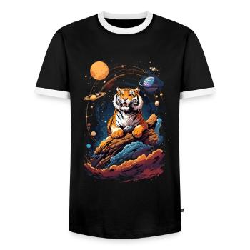 Tiger on the cliff in space - Solar System - Men's Ringer Shirt - black/white - Front - AI Model Female 172 light (172cm) & AI Model Male 178 light (178cm)