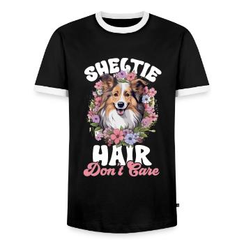 Shetland Sheepdog Dog - Sheltie hair, don't care - Männer Kontrast-T-Shirt - Schwarz/Weiß - Vorne - AI Model Female 172 light (172cm) & AI Model Male 178 light (178cm)