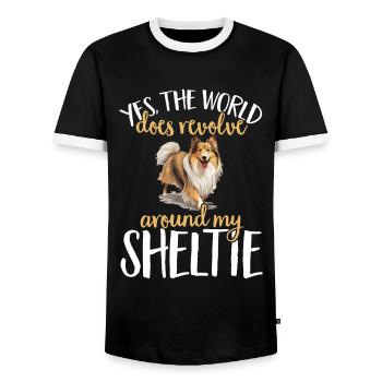 Shetland Chien de berger Sheltie - T-shirt contrasté Homme - noir/blanc - Devant - AI Model Female 172 light (172cm) & AI Model Male 178 light (178cm)