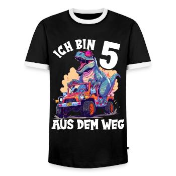 T-Rex fährt Monster Truck Ich bin 5. Geburtstag - Männer Kontrast-T-Shirt - Schwarz/Weiß - Vorne - AI Model Female 172 light (172cm) & AI Model Male 178 light (178cm)