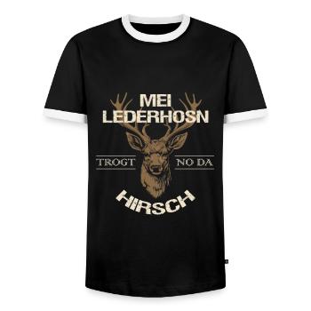Mei Lederhosn trogt no da Hirsch Lederhose Ersatz - Männer Kontrast-T-Shirt - Schwarz/Weiß - Vorne - AI Model Female 172 light (172cm) & AI Model Male 178 light (178cm)