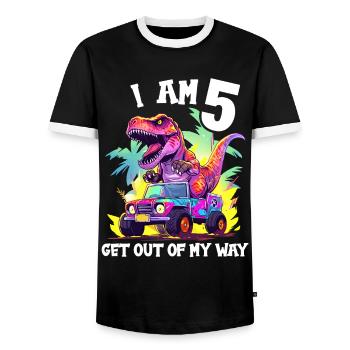 T-Rex fährt Monster Truck Ich bin 5. Geburtstag - Männer Kontrast-T-Shirt - Schwarz/Weiß - Vorne - AI Model Female 172 light (172cm) & AI Model Male 178 light (178cm)