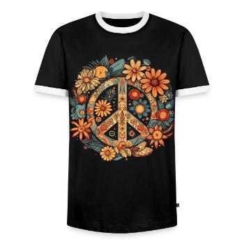Kostüm Hippie Peace Zeichen - Männer Kontrast-T-Shirt - Schwarz/Weiß - Vorne - AI Model Female 172 light (172cm) & AI Model Male 178 light (178cm)