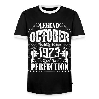 October 1973. October 1973 Birthday Gift. - Men's Ringer Shirt - black/white - Front - AI Model Female 172 light (172cm) & AI Model Male 178 light (178cm)