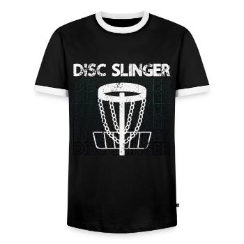 Flying Disc Slinger Frisbee Player Disc Golfing - Men's Ringer Shirt - black/white - Front - AI Model Female 172 light (172cm) & AI Model Male 178 light (178cm)
