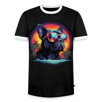 80s 90s Synthwave French Bulldog - Men's Ringer Shirt - black/white - Front - AI Model Female 172 light (172cm) & AI Model Male 178 light (178cm)