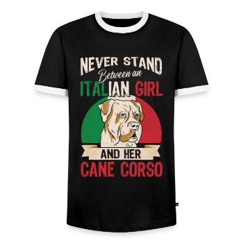 Une Italienne et son Corso de canne - T-shirt contrasté Homme - noir/blanc - Devant - AI Model Female 172 light (172cm) & AI Model Male 178 light (178cm)