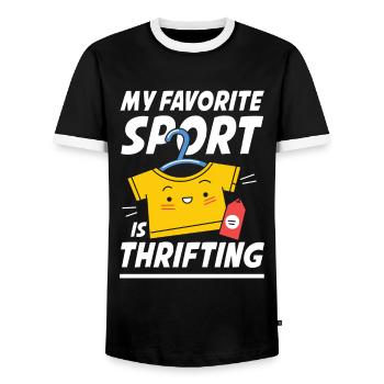 My Favorite Sport Is Thrifting für Sparsame - Männer Kontrast-T-Shirt - Schwarz/Weiß - Vorne - AI Model Female 172 light (172cm) & AI Model Male 178 light (178cm)