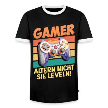 Gamer Altern nicht, Sie Leveln! Retro Gamer - Männer Kontrast-T-Shirt - Schwarz/Weiß - Vorne - AI Model Female 172 light (172cm) & AI Model Male 178 light (178cm)