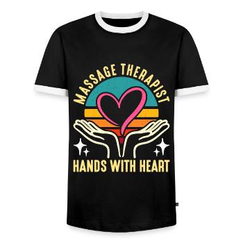 Massage Therapist Hands With Heart Chiropractors - Men's Ringer Shirt - black/white - Front - AI Model Female 172 light (172cm) & AI Model Male 178 light (178cm)