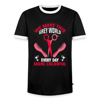 hairdresser, barber, hairdresser, hair salon - Men's Ringer Shirt - black/white - Front - AI Model Female 172 light (172cm) & AI Model Male 178 light (178cm)