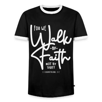 For We Walk By Faith Not By Sight 2 Corinthians - Men's Ringer Shirt - black/white - Front - AI Model Female 172 light (172cm) & AI Model Male 178 light (178cm)