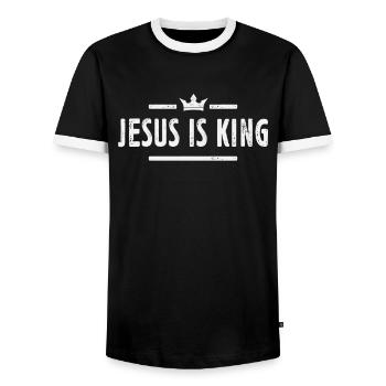 Jesus is King Christian Quote - Men's Ringer Shirt - black/white - Front - AI Model Female 172 light (172cm) & AI Model Male 178 light (178cm)
