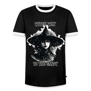 Witch Way to the Candy, Halloween - Men's Ringer Shirt - black/white - Front - AI Model Female 172 light (172cm) & AI Model Male 178 light (178cm)