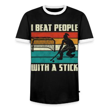Field Hockey I Beat People With A - Men's Ringer Shirt - black/white - Front - AI Model Female 172 light (172cm) & AI Model Male 178 light (178cm)
