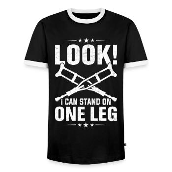 Funny prosthetic leg for amputees - Men's Ringer Shirt - black/white - Front - AI Model Female 172 light (172cm) & AI Model Male 178 light (178cm)