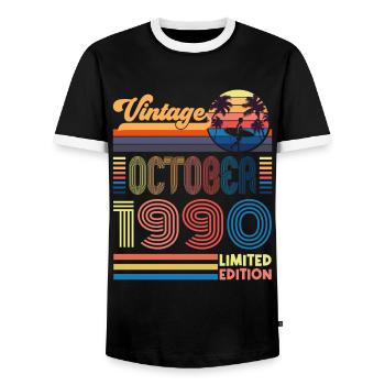 Anniversary October 1990. Gift October 1990. - Men's Ringer Shirt - black/white - Front - AI Model Female 172 light (172cm) & AI Model Male 178 light (178cm)