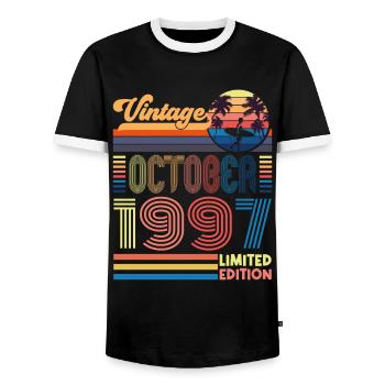 Anniversary October 1997. Gift October 1997. - Men's Ringer Shirt - black/white - Front - AI Model Female 172 light (172cm) & AI Model Male 178 light (178cm)