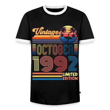 Anniversary October 1992. Gift October 1992. - Men's Ringer Shirt - black/white - Front - AI Model Female 172 light (172cm) & AI Model Male 178 light (178cm)