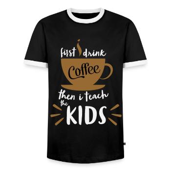 First I Drink Coffee - Coffee Teacher School - Men's Ringer Shirt - black/white - Front - AI Model Female 172 light (172cm) & AI Model Male 178 light (178cm)