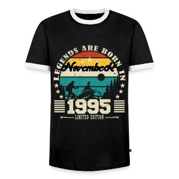 November 1995. November 1995 Anniversary Gift. - Men's Ringer Shirt - black/white - Front - AI Model Female 172 light (172cm) & AI Model Male 178 light (178cm)