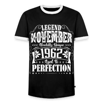 Novembre 1962. Cadeau d'Anniversaire novembre 1962 - T-shirt contrasté Homme - noir/blanc - Devant - AI Model Female 172 light (172cm) & AI Model Male 178 light (178cm)