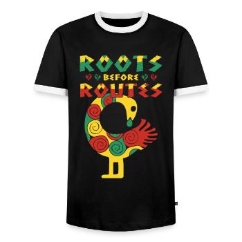 "Roots Before Routes" Bird Icon Sankofa Art - Men's Ringer Shirt - black/white - Front - AI Model Female 172 light (172cm) & AI Model Male 178 light (178cm)