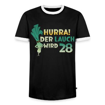 Hurra der Lauch wird 28 - Männer Kontrast-T-Shirt - Schwarz/Weiß - Vorne - AI Model Female 172 light (172cm) & AI Model Male 178 light (178cm)