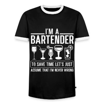 Barman Cadeau Emploi Serveur Barman - T-shirt contrasté Homme - noir/blanc - Devant - AI Model Female 172 light (172cm) & AI Model Male 178 light (178cm)