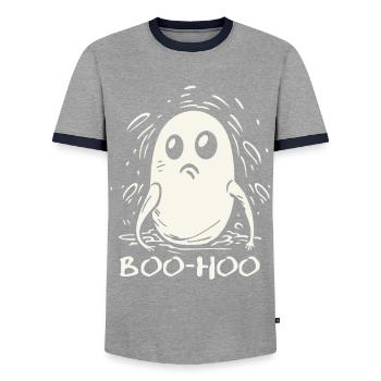 The Disappointed, Sad-Funny Little Ghost - Men's Ringer Shirt - grey/navy  - Front - AI Model Female 172 light (172cm) & AI Model Male 178 light (178cm)