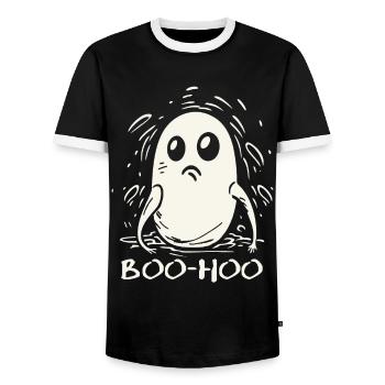 The Disappointed, Sad-Funny Little Ghost - Men's Ringer Shirt - black/white - Front - AI Model Female 172 light (172cm) & AI Model Male 178 light (178cm)